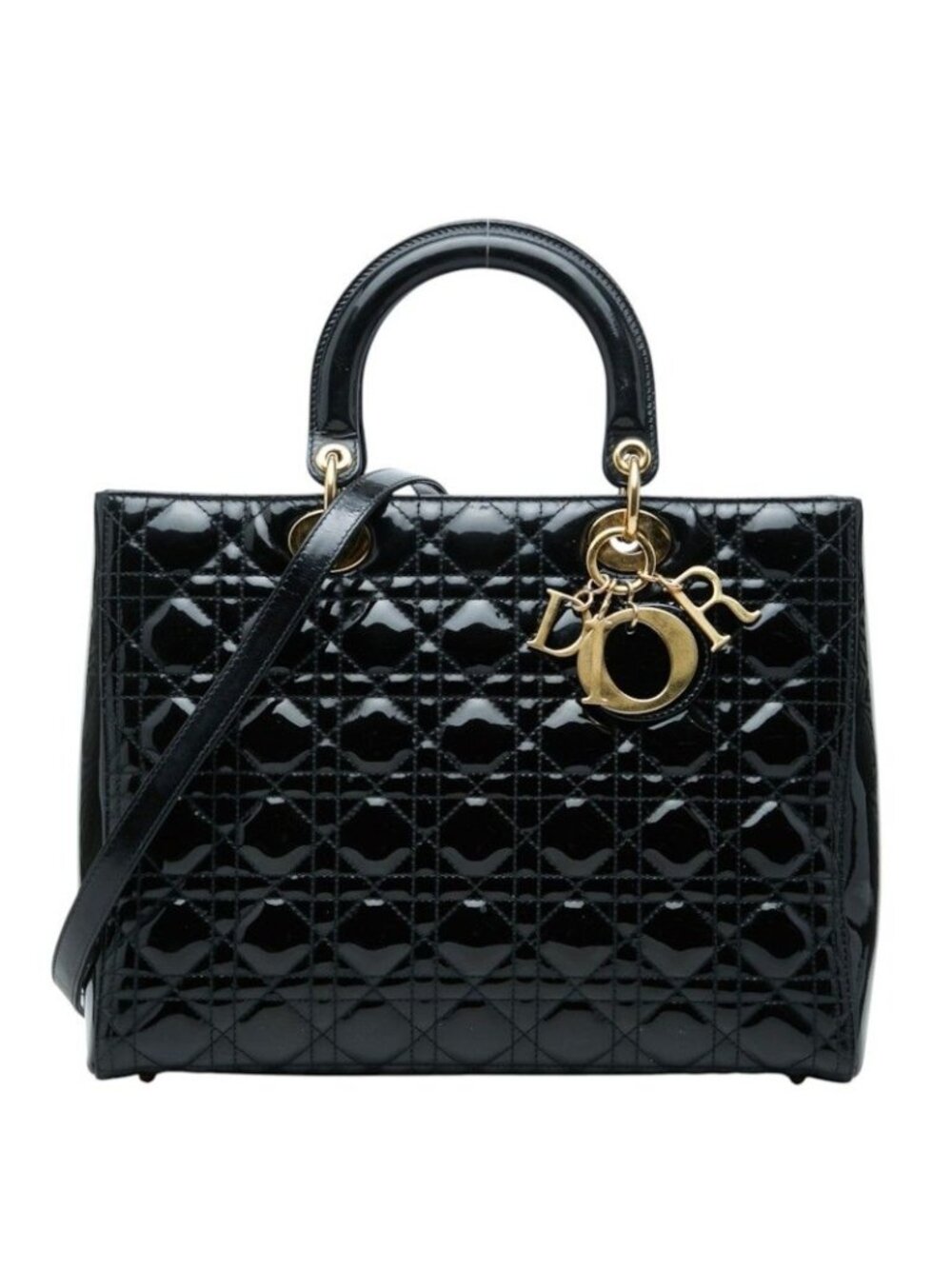 Dior Cannage Lady Dior Large 2-Way Shoulder Bag Black Patent Leather